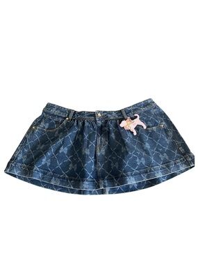 PINK x LoveShackFancy Denim Mini Skirt XXL Blue Bow Print Flirty NWT